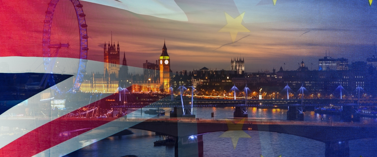 BREXIT conceptual image of London image and UK and EU flags overlaid symbolising agreement and deal being processed