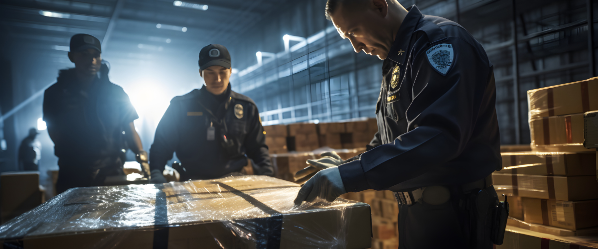 Custom inspection process, medium shot of officers meticulously checking imported goods